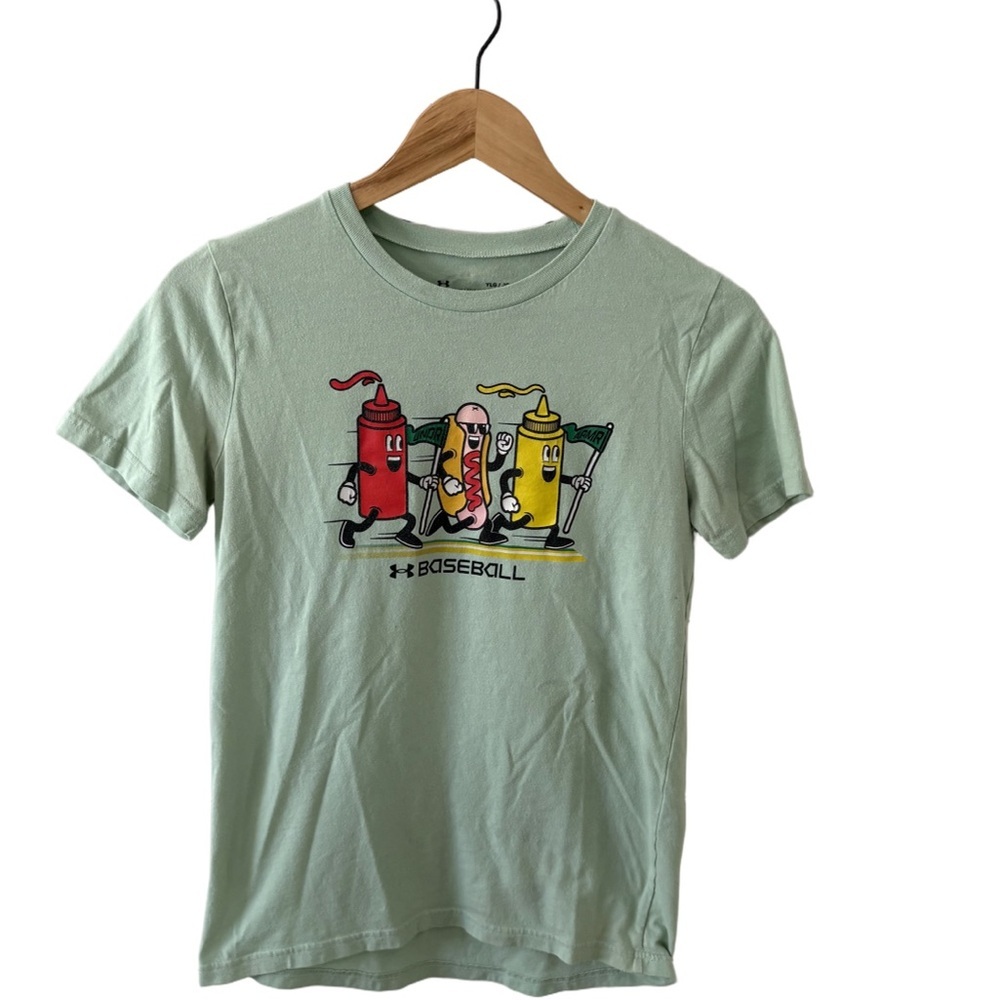 Under Armour Youth Baseball Tee | Hot Dog & Condiments Graphic Shirt | Size YLG